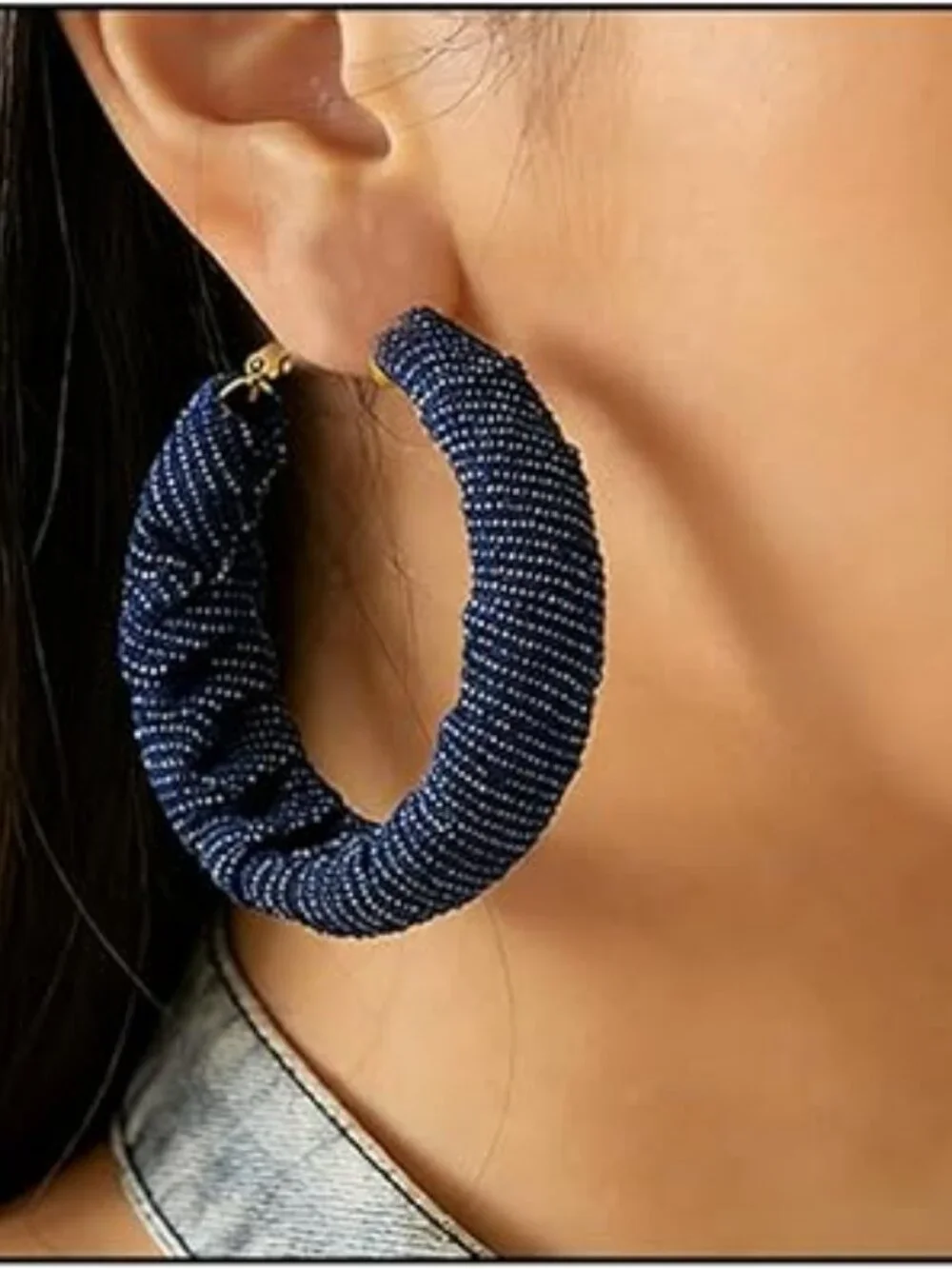 NEW Denim Jean Like Large Hoop Earrings‎ Bohemian Blue Circle Round Statement